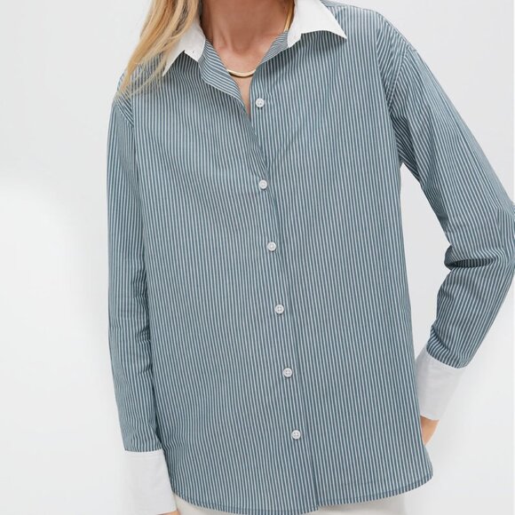 Tuckernuck | Size L | Green Stripe Nadine Boyfriend Button Down w/ Contrast Cuff - Picture 7 of 9